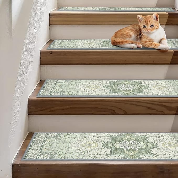 sarben Non Slip Stair Treads for Wooden Steps 15PCS - 8"x30" Indoor Safety Carpet, Edging Mats with TPE Adhesive Backing, Pet and Elderly Friendly Stair Rugs (Mint&Green)