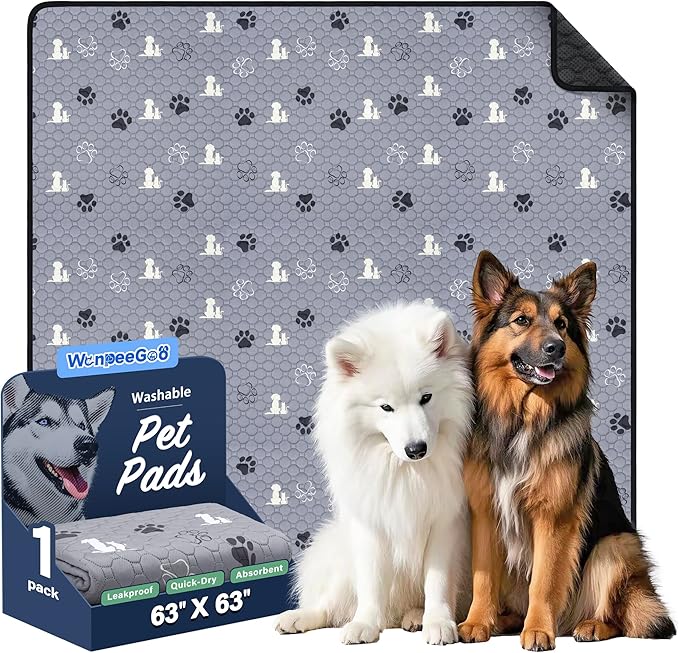 WanpeeGoo Washable Pee Pads, Puppy Pee Pad for Dogs, 1 Pack Absorbent Reusable Training Dog Pads Pet Puppy Pads, Non-Slip Potty Pads for Whelping, Playpen, Crate, Bed, Grey 63"x63"