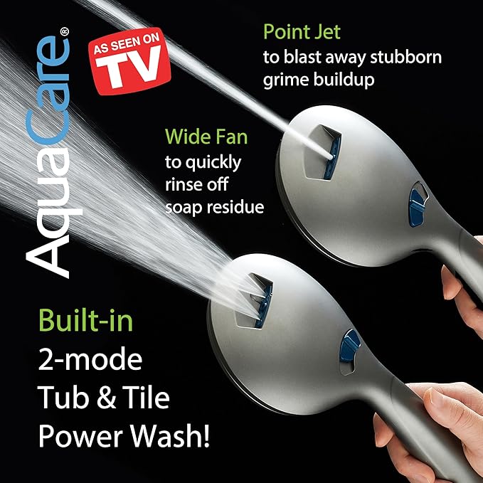 AquaCare High Pressure 8-mode Handheld Shower Head - Anti-clog Nozzles, Built-in Power Wash to Clean Tub, Tile & Pets, Extra Long 6 ft. Stainless Steel Hose, Wall & Overhead Brackets