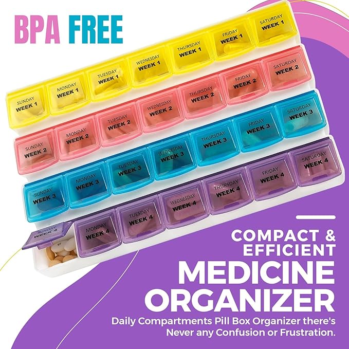 Monthly Pill Organizer - 28 Day Monthly Pill Planner to Separate Pills & Vitamins Week to Week, Travel Medication Reminder Daily Monday to Sunday Compartments, Case of 40