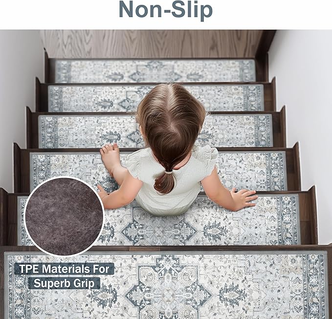 sarben Non Slip Stair Treads for Wooden Steps 15PCS - 8"x30" Indoor Safety Carpet, Edging Mats with TPE Adhesive Backing, Pet and Elderly Friendly Stair Rugs (Blue)