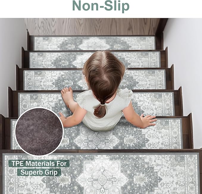 sarben Non Slip Stair Treads for Wooden Steps 15PCS - 8"x30" Indoor Safety Carpet, Edging Mats with TPE Adhesive Backing, Pet and Elderly Friendly Stair Rugs (Grey)
