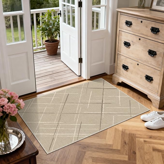 3x5 Area Rug Washable Entryway Rug Non Slip Modern Tear and Stain Resistance No Pile Lightweight Throw Rugs Carpet for Kitchen, Entrance, Foyer, Bedside, Mudroom, Beige