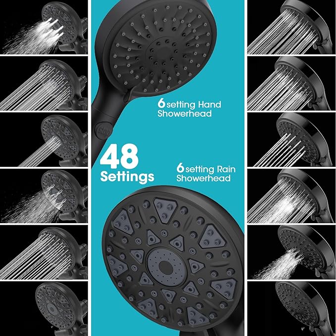 FASDUNT Dual Handheld Shower Head Combo, Enjoy 6-Setting Rain Showerhead and 6-Setting Hand Held Shower Separately or Together, 2 in 1 Showerhead with 80" Extra Long Stainless Steel Hose, Black