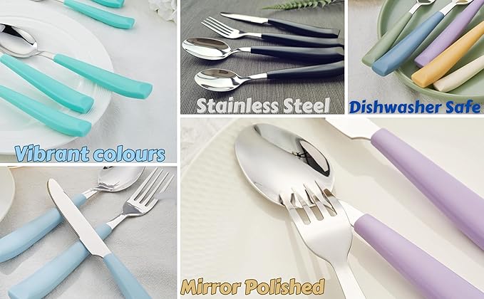 EXZACT 24-Piece Flatware Set for 6 – Mixed Colored Stainless Steel Cutlery with Wide Plastic Handles – Comfortable Tableware: Forks, Knives, Spoons, Teaspoons