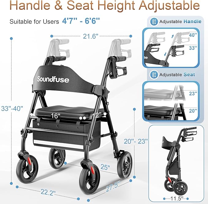 SOUNDFUSE Walkers for Seniors, Rollator Walker with Seat, 8" All Terrain Wheels, Double Support Bar, 16" Ergonomic Arc Seat and Comfortable Backrest, Dual Height Adjustable and Foldable Design
