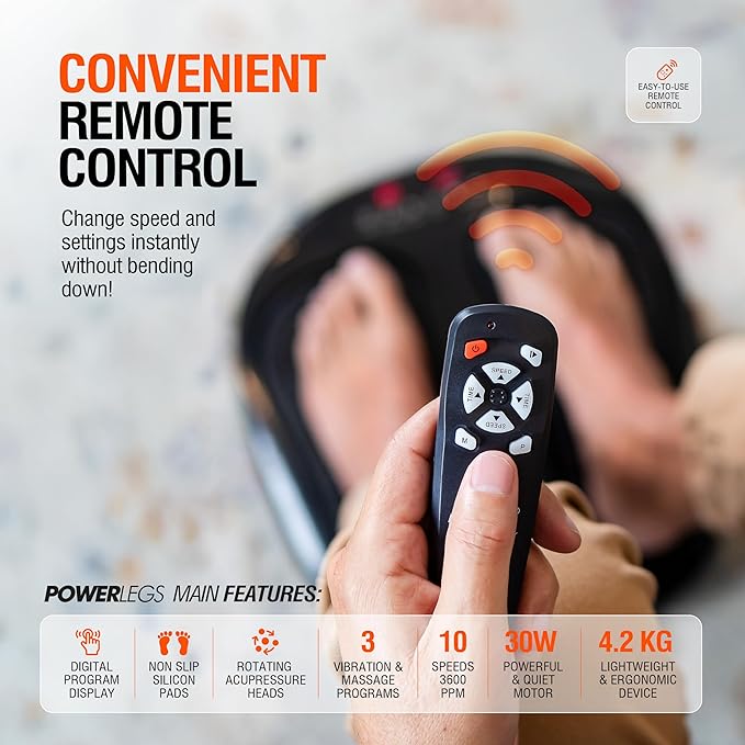 Power Legs Electric Foot Massager Machine with Remote Control, Adjustable Speed, Vibration - Calf Massager - Feet Massager for Neuropathy Pain Relief, Plantar Fasciitis, Leg Blood Circulation (Black)