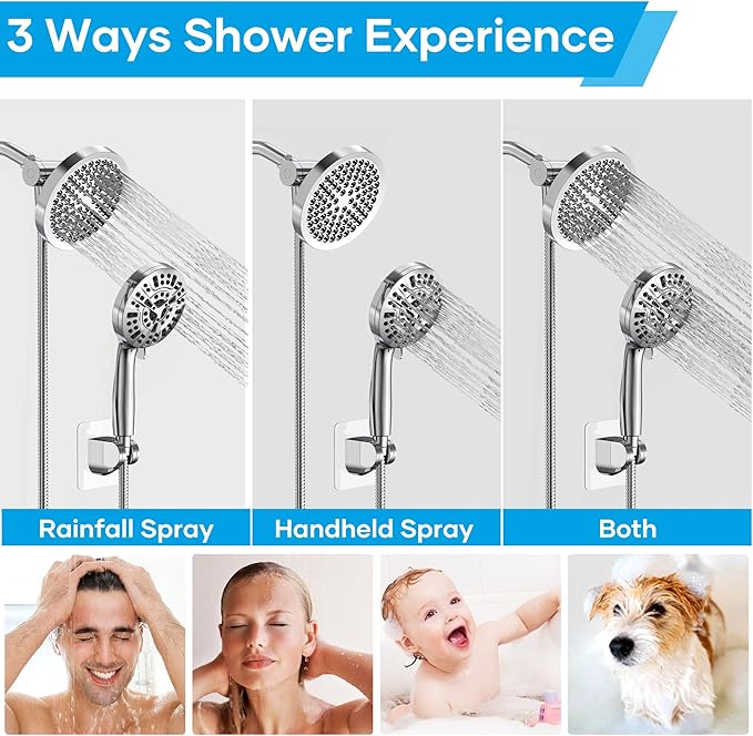 Shower Head with Handheld Spray Combo,High Pressure Dual Double Rain Shower Head with Handheld 10-Mode 78" Hose Chrome