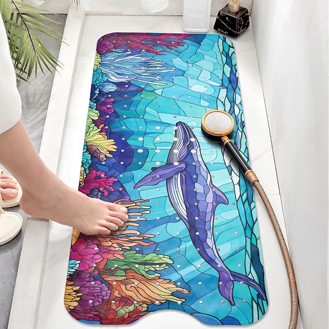 EAN Animals Bathtub Mat Non Slip, Sea Baby Bath Mat for Tub Rubber Tub Mat, Cute Toddler Kids Bath Mats for Bathroom Whale Anti Slip Shower Mat with Suction and Drain Holes Machine Washable, 40″x16″