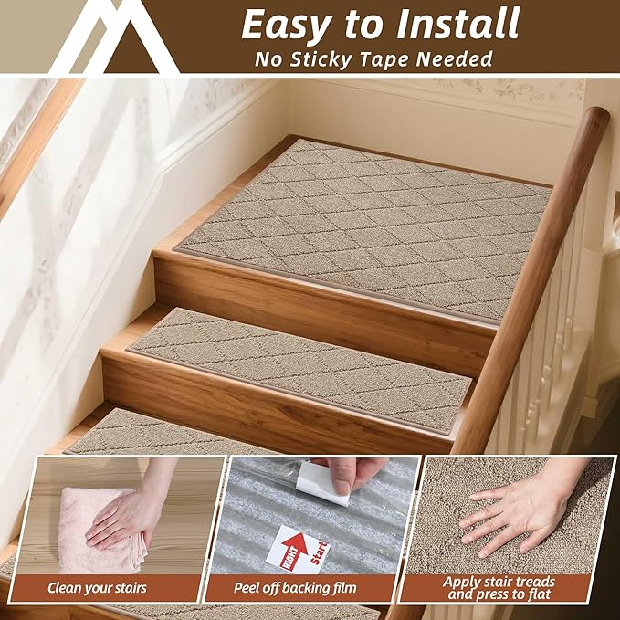 COSY HOMEER Edging Stair Treads Non-Slip Corner Indoor Stair Runners for Wooden Steps,Landing Slip Resistant Stair Rugs Mat for Kids and Dogs,100% Polyester TPE Backing,Beige,30x30 inch
