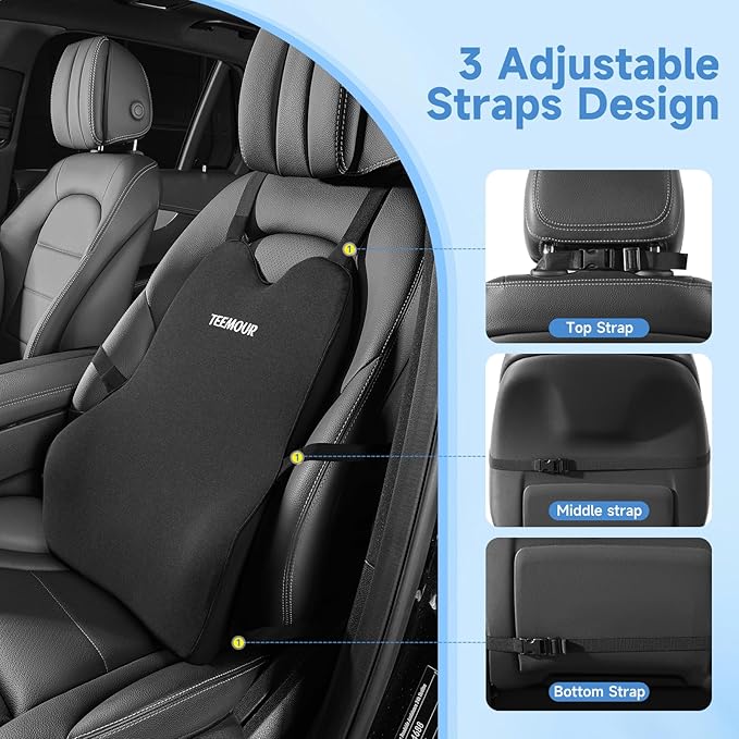 Lumbar Support Pillow for Car Truck Accessories Gifts for Mom Dad Memory Foam Back Support for Driving Seat Lower Back Cushion, Lumbar Comfort for Long Drivers Back Pain Relief, with Adjustable Straps
