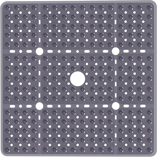Large Square Shower Mat 27 x 27 Inch Gray, Non Slip Shower Bathtub Mats for Inside Shower with Big Suction Cups Drain Holes, Anti Slip Bathroom Floor Shower Stall Mats, Easy Clean, BPA-Free
