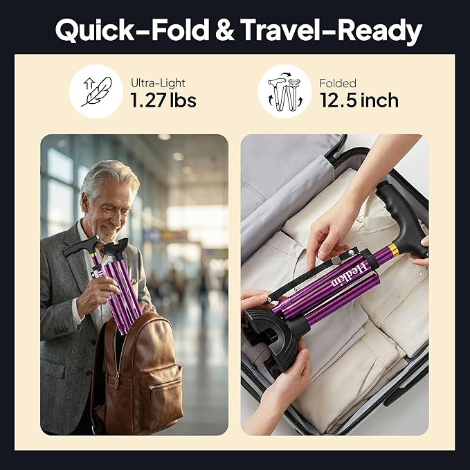 Walking Cane with LED Light, Foldable,Adjustable, Self Standing Walking Canes for Men & Women,Walking Sticks with Quad Base for Seniors & Adults