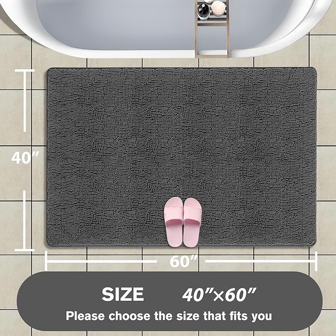 Bathroom Rugs 40 x 60 Inch – Extra Large Bath Mat | Absorbent and Washable Thick Chenille Bath Rugs Non-Slip Runner Rug for Bathroom, Shower, Tub(Gray)