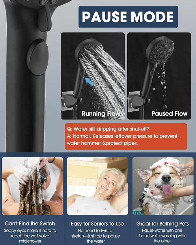 Handheld Shower Head with 6.56ft Extra Long Hose, On Off Switch 8-Seting High Preesure Hand Held Showerhead, Low-Reach Adhesive Holder for Kid, Disable& Elder (Matte Black)