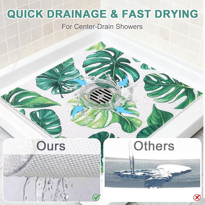 Square Shower Mat Non Slip: 32x32 Inch Extra Large Shower Mats for Inside Shower, Anti Slip Shower Floor Mat, Loofah Shower Stall Mats for Elderly, Non Slip Shower Mat with Drain Hole in Middle