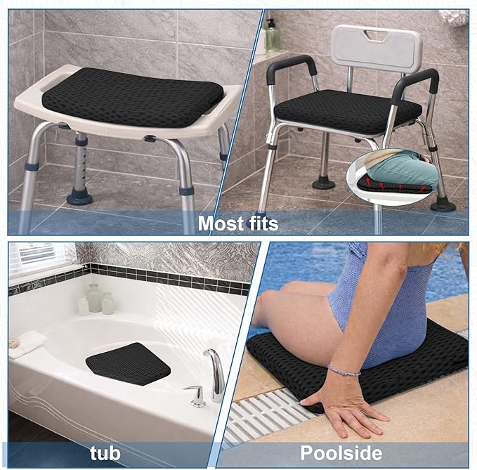 SPRING SEAON Shower Chair Cushion, Gel Shower Seat Cushion with Non-Slip Silicone Bottom, Quick-Dry Mesh Bath Seat Pad, Soft Washable Shower Bench Cushion for Seniors & Adults (Black)
