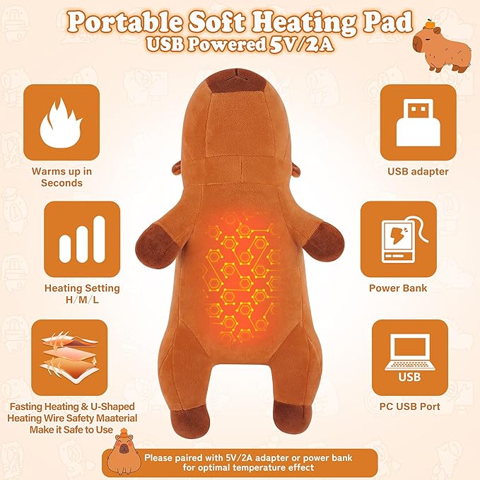 14'' Capybara Heating Pad for Period Cramps, Capybara Plush with a Hot Soft Belly USB Powered, Menstrual Heating Pad Neck Shoulder Pain Relief, Birthday Gift for Daughter Wife Period Heating Pad