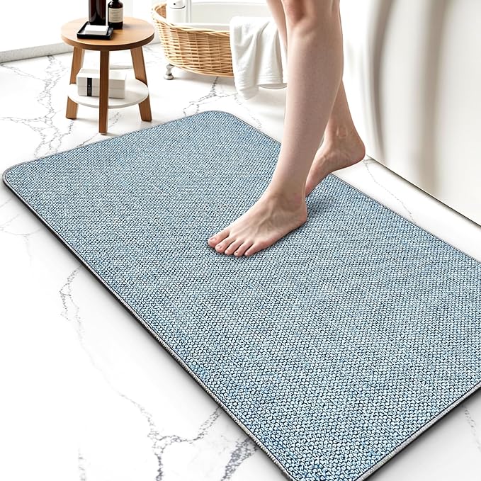 Upgraded Bathroom Rugs 24x48Inch, Thin Bath Mat with Rubber Backing Non-Slip, Absorbent,Quick Dry Machine Washable, Home Decor Accessories Cozy Cloth Bathroom Mat fit Under Door/Sink/Tub/Shower-Blue