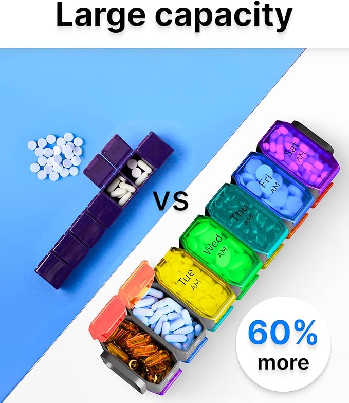 Extra Large Pill Organizer 2 Times a Day – XL Pill Box 7 Day with Big AM/PM Compartments – Fits Large Vitamins, Supplements & Gummies, for 7 or 14-Day Use, Color-Coded, Senior-Friendly, No Spills