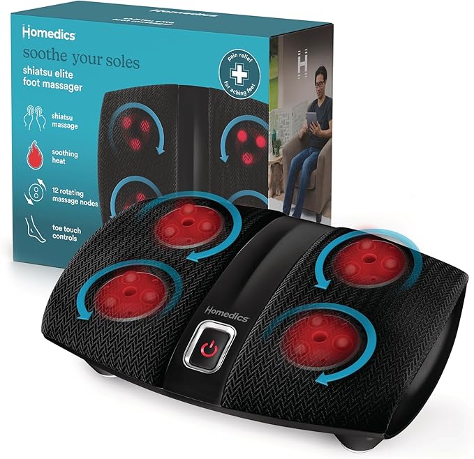 Homedics Shiatsu Select Foot Massager with Heat – Shiatsu Foot Massager with Heat, Therapeutic Kneading & Rolling, 4 Rotational Heads with 12 Massage Nodes, Toe-Touch Control