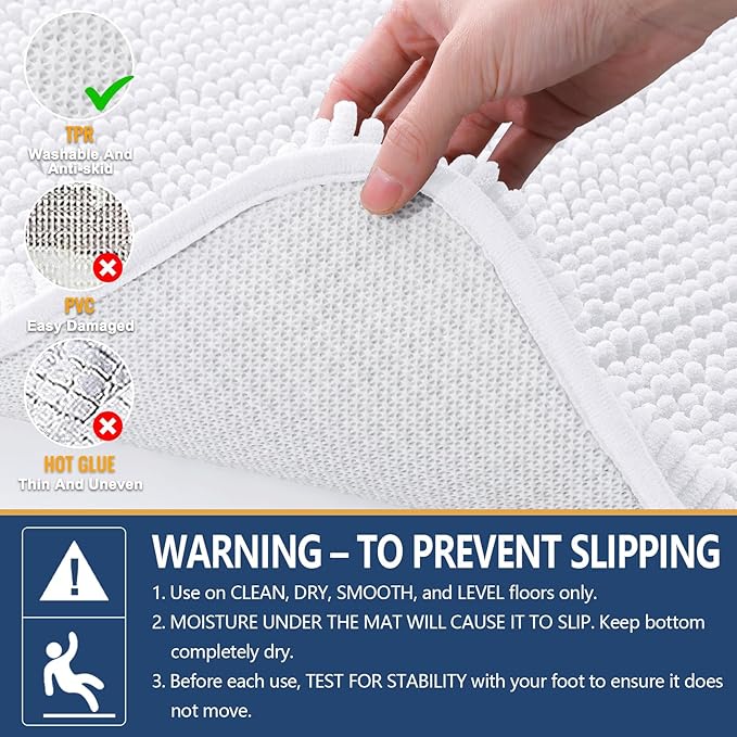 Arotive Bathroom Rugs 59x24, Extra Soft Absorbent Shaggy Chenille Bath Rugs, Machine Washable Rubber Backing Non-Slip Bath Mats for Bathroom Floor Tub and Shower, Home Decor Accessories, White