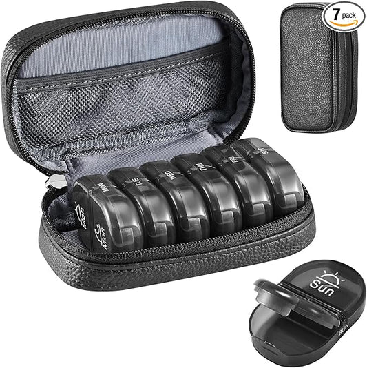 Serfeymi Weekly Travel Pill Organizer 2 Times A Day AM PM Upgraded Black Pill Box 7 Day with Portable Zipper PU Leather Pill Case, Medicine Organizer for Pills, Vitamins, Fish Oils - Black 01