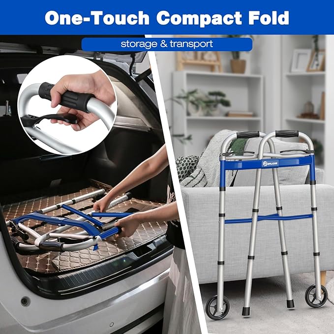 Whlicks Narrow Folding Walkers for Seniors,Aluminum Lightweight Walkers with Wheels, Adjustable Width and Height Front Wheel Walker for Elderly and Disabled, Supports up to 350 lbs