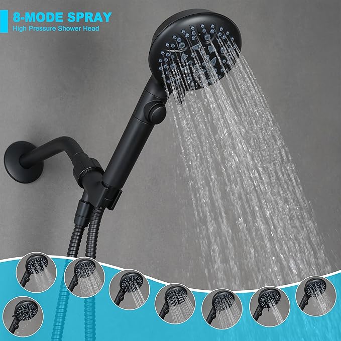 High Pressure 8-mode Handheld Shower Head with On Off Switch and Long Hose & Bracket PLUS Extra Adhesive Holder for Lower Mount,Built-in Power Wash to Clean Tub,Tile & Pets,Black