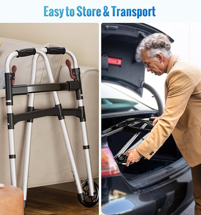 HOMLAND Walkers for Seniors, One-Hand Folding, 8 Height Adjustments, Walkers with Wheels, 2 Skis and 5" Wheels, Lightweight Walker for Seniors, Standard Walkers for Seniors, Aluminum Frame, Silver