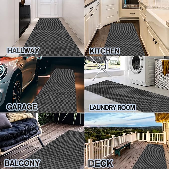 Custom Size Backed Non-Slip Area Rugs Runner, Easy Clean, Waterproof Runner Rugs for Hallway Entryway, Kitchen, Laundry, 2FT x 16FT, Gray Checkered