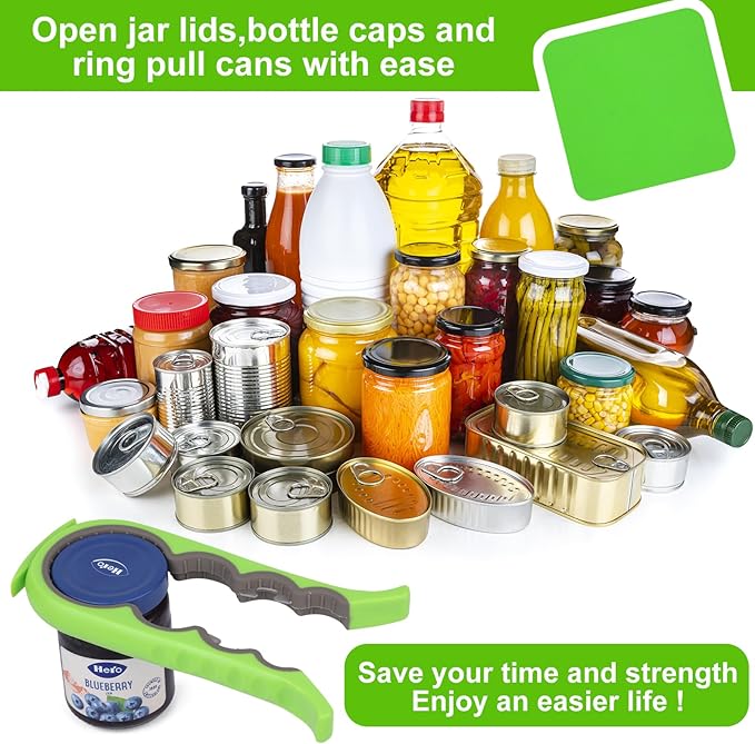 6 in 1 Lids off Jar Opener, Bottle Opener for Weak Hands, Seniors, Arthritis, Women, Kids - Multipurpose Kitchen Tool, Easy open. & Non Slip Rubber Jar opener Gripper Pad, Green