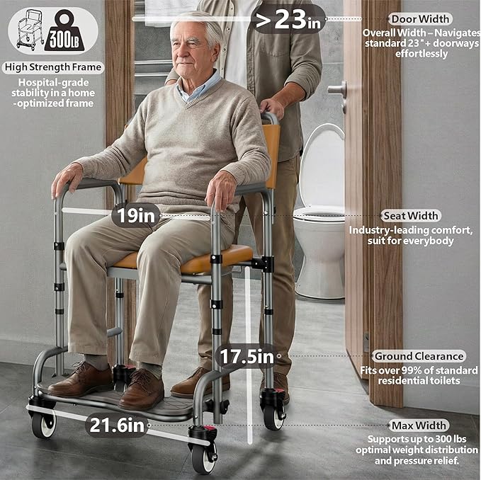 Shower Chair with Wheels, Two Modes Bedside Commode with Wheels, Aluminum Shower Wheelchair with Footrest, Portable Toilet with Bucket for Elderly and Disabled, 300 LBS Weight Capacity