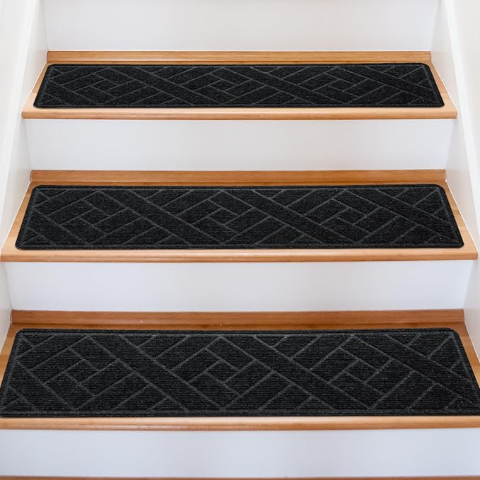 15 Pack 8 "X 30" Non-Slip Carpet Stair Treads for Indoor Wooden Steps, Made of Polyester and Reusable Adhesive, Suitable for Kids Elders and Pets（Black Lines）