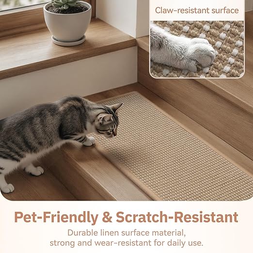 1PC Jute Stair Treads for Wooden Steps-Stairs Carpet Non Slip-Peel and Stick Stair Treads Indoor, Adhesive Staircase Step Treads Residue Free, Durable Natural Stair Runner Rug,8"x30" Beige