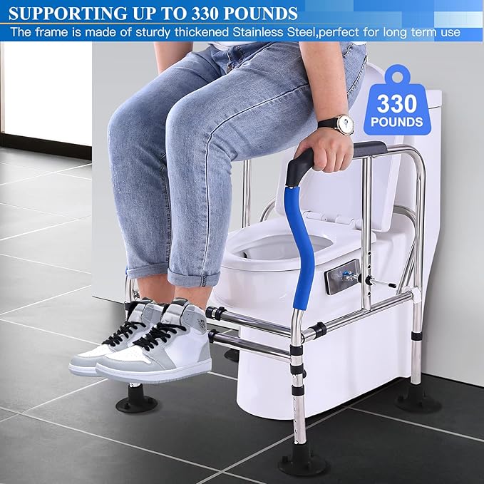 Toilet Safety Rail Frame, Heavy Duty Stand Alone Toilet Rail with Handles for Elderly Handicap, Adjustable Height & Width, Double Crossbar & Suction Cups, 330lbs Capacity, Fits Most Toilets