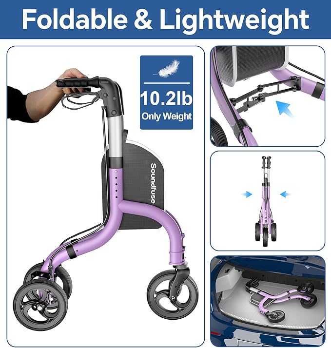 SOUNDFUSE 3 Wheel Walkers for Seniors, Lightweight Foldable Aluminum Rollator Walker, Height Adjustable Three Wheel Walker, Purple