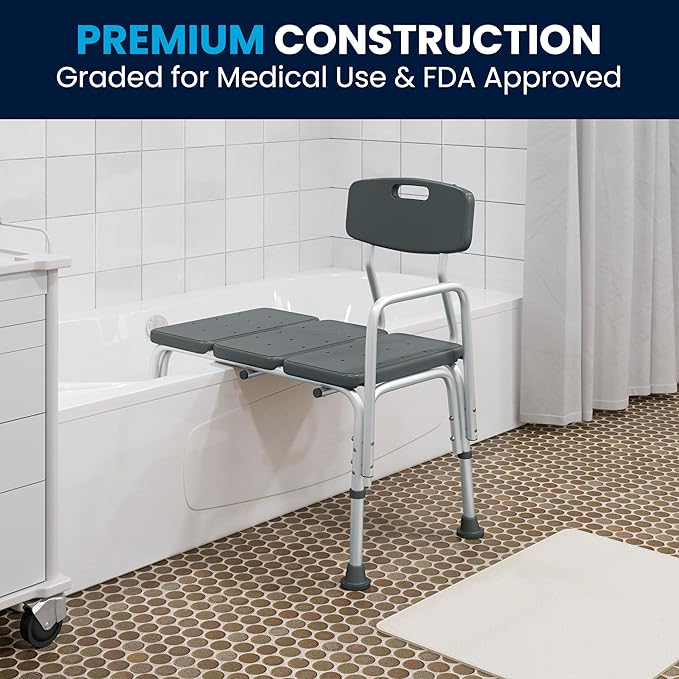 Flash Furniture HERCULES Series 300 Lb. Capacity Adjustable Gray Bath & Shower Transfer Bench with Back and Side Arm