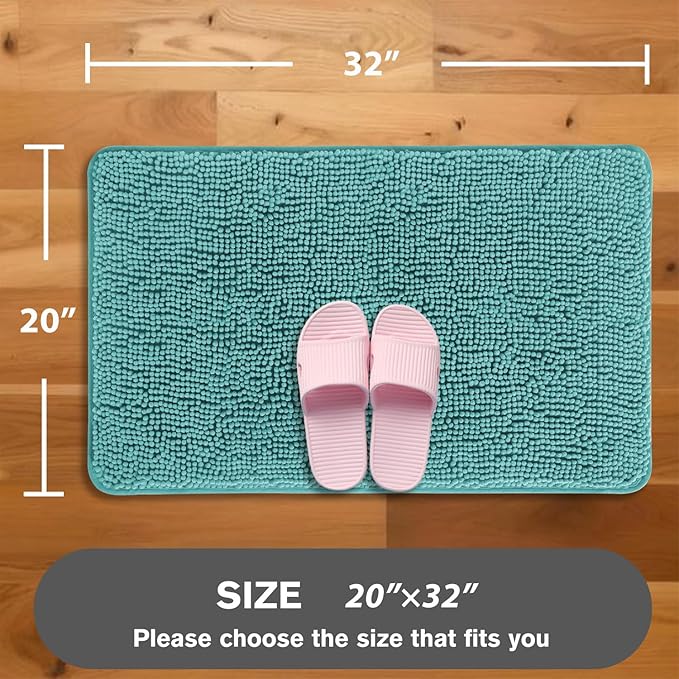 Teal Bathroom Rugs – Absorbent and Washable Bath Mat, Non-Slip, Thick Soft Chenille Bath Rugs for Bathroom Floor, Shower, Sink - 20" x 32"