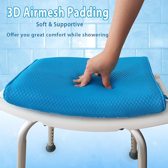 Shower Seat Cushion for Shower Chairs, Transfer Benches in Bathtub, Cushion for Sauna, 3D Mesh Pad with Hook, Slip-Resistant, Design for Elderly, Senior, Handicap & Disabled