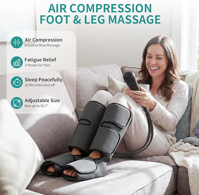 Nekteck Leg Massager for Circulation and Relaxation, Air Compression Foot and Calf Massager to Relieve Pain Edema Swelling with 2 Size Extensions, Massage Tools for Mom Dad Men Women