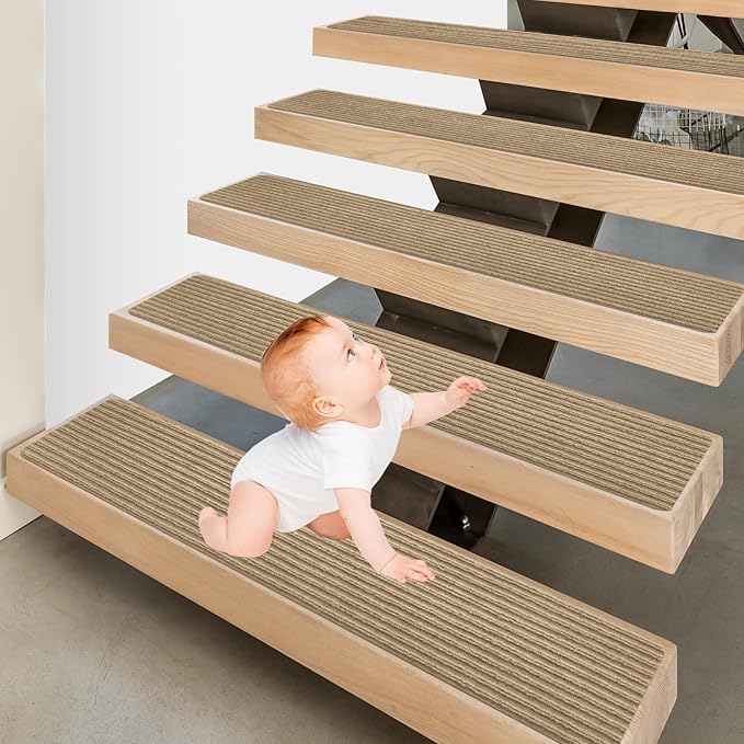 Stair Treads for Wooden Steps - Non Slip Stairs Carpet Tape Peel and Stick with Double Adhesive Tape Set of 15 Stripe- Flax Yellow