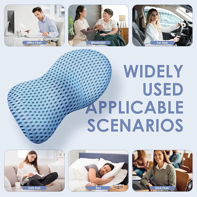 kasney Lumbar Support Pillow, Back Pillow for Low Back Pain Relief, Ergonomic Streamline Car Seat, Office Chair, Recliner and Bed (Blue)