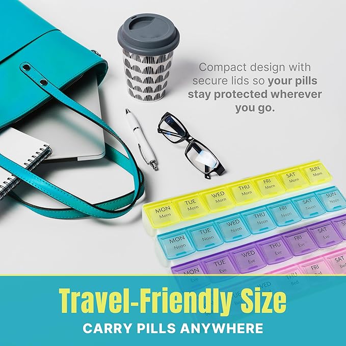 Weekly Pill Organizer - 4-Times-a-Day Pill Planner Pill Box Separates Pills & Vitamins with Daily Morning, Noon, Evening & Night Compartments, Travel Medication Reminder Monday to Sunday
