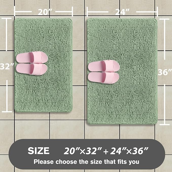 Sea Foam Bathroom Rugs Sets 2 Piece – Absorbent and Washable Bath Mat, Non-Slip, Thick Soft Chenille Bath Rugs for Bathroom Floor, Shower, Sink - 20" x 32"+24" x 36"