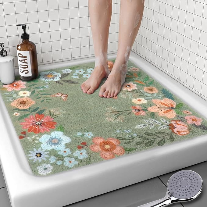 Square Shower Mat, 24 x 24 Inch Non Slip Flower Shower Stall Mat, Quick-Dry PVC Loofah Bath Mat for Shower Tub Bathroom