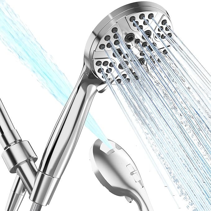 High Pressure Shower Head with Handheld, 6 Spray Modes & Pause Button, 4.1” Rainfall Detachable Showerhead with Anti-burst Nylon Hose & Holder, Premium ABS, Anti-Clog Nozzles, for Low Water Pressure
