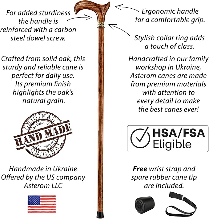 Asterom Handcrafted Walking Cane - Ergonomic, Wooden - Canes for Men - Walking Sticks for Seniors, Unique, Wood