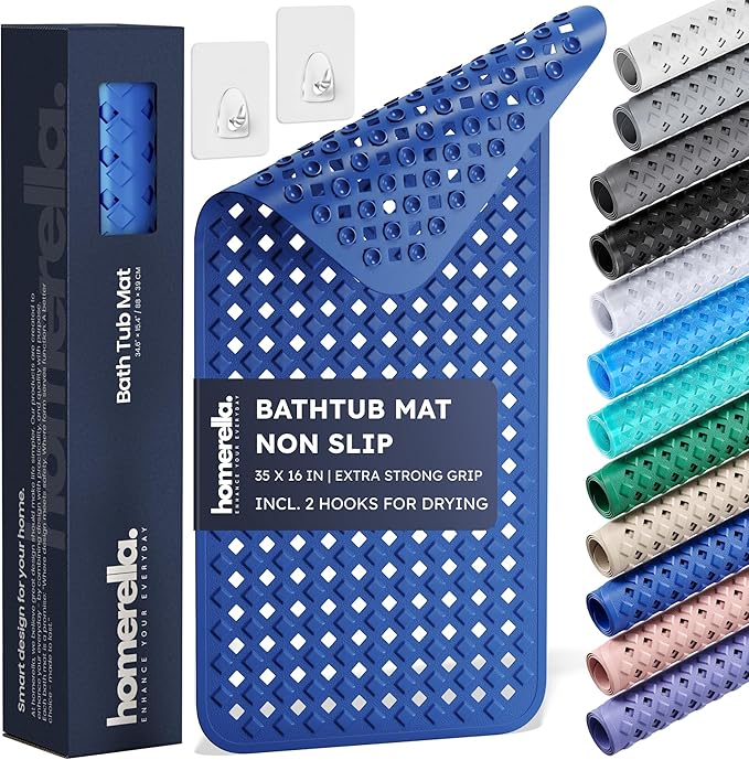 Bathtub Mat Non Slip 35x16 - homerella® Bath Mat Incl. Hooks for Drying, Extra Long, 100% BPA Free, Shower Mat Non Slip Anti Mold, Machine Washable, Shower Mats for Inside Shower Mildew Resistant