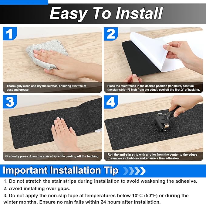 SMILOOL Outdoor Stair Treads Non-Slip Step Strips for Wooden Steps 10 Pack 8” x 30” Anti Slip Grip Tape Precut for Outside Stairs, Non Skid Stair Tread Mats Weather Resistant for Outdoors, Black